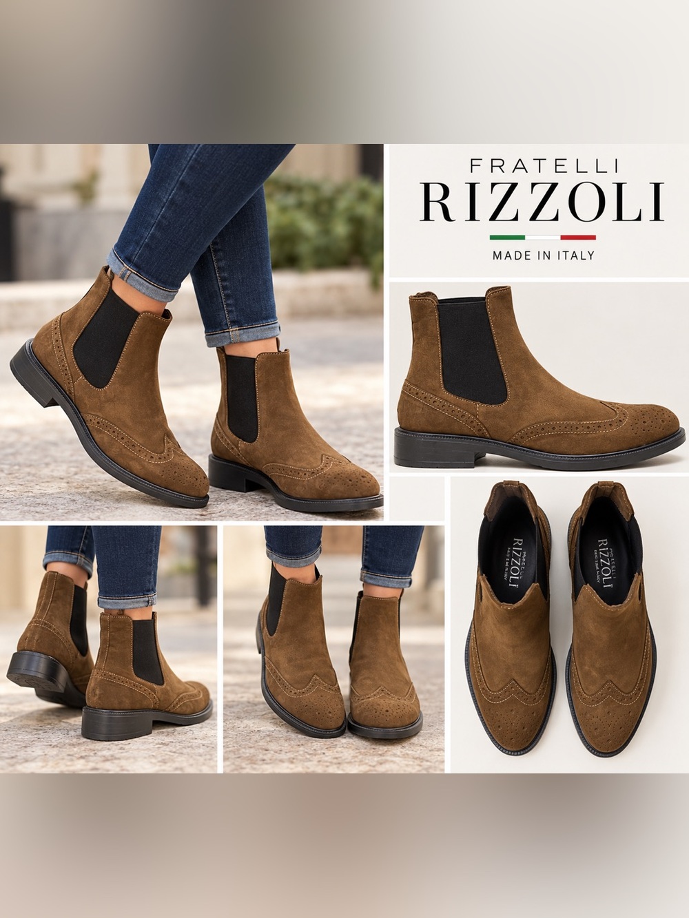 Fratelli Rizzoli Brown Leather Brogue Chelsea Boots EU 41 US 10 NWOB